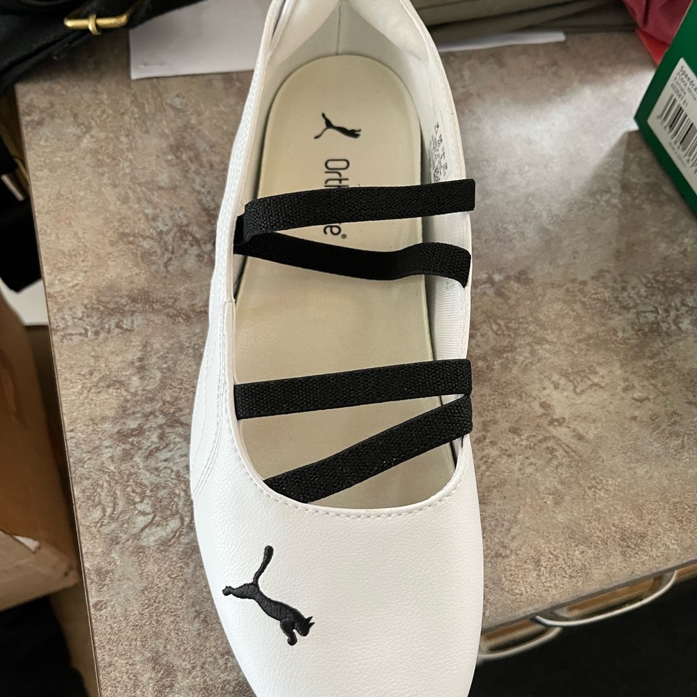 Puma White and Black Flats with Criss-Cross Straps